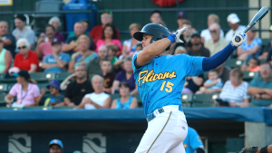 David Bote taking a swing for the Myrtle Beach Pelicans during their 2016 championship season