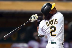 Khris Davis takes a hack wearing a jersey signed by a child from the Make-A-Wish Foundation