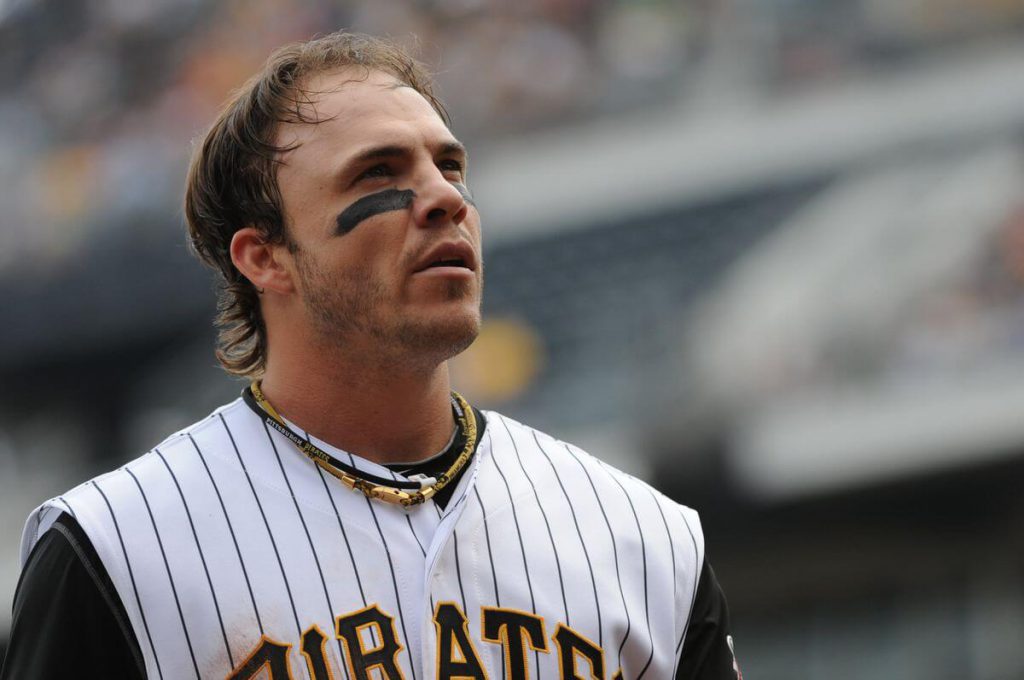 Steve Pearce looks into the crowd wearing eyeblack and his Pittsburgh Pirates uniform
