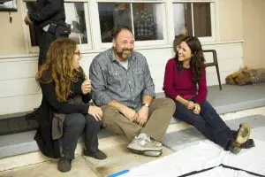 Director Nicole Holofcener shares a laugh with James Gandolfini and Julia Louis-Dreyfus on the set of Enough Said.