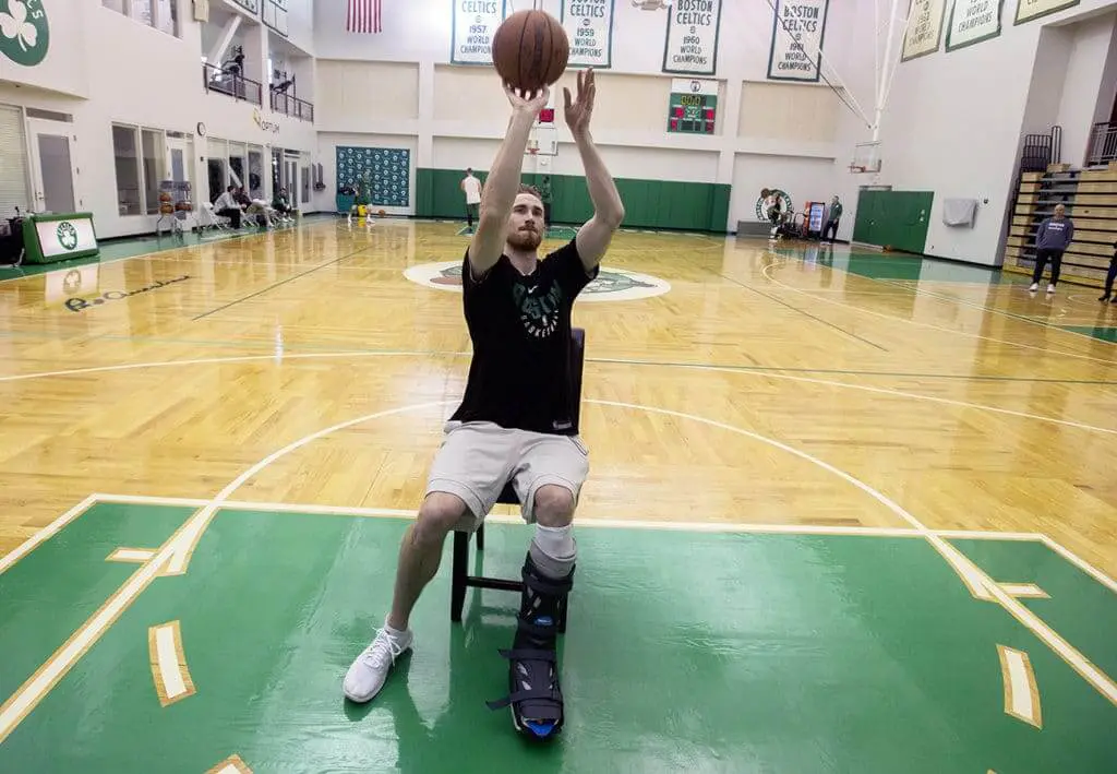 Gordon Hayward's rehab process included shooting a basketball from a chair while wearing a cast on his injured leg. Gordon Hayward's Return, a story by Joker Mag - the home of the underdog.