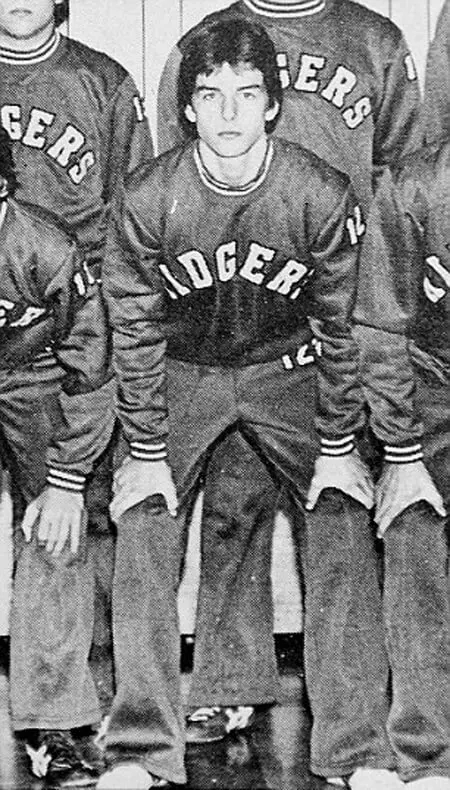 Tom Cruise yearbook photo in his high school wrestling uniform. This was around the time he injured his knee and was forced to leave sports. That's when he started acting.