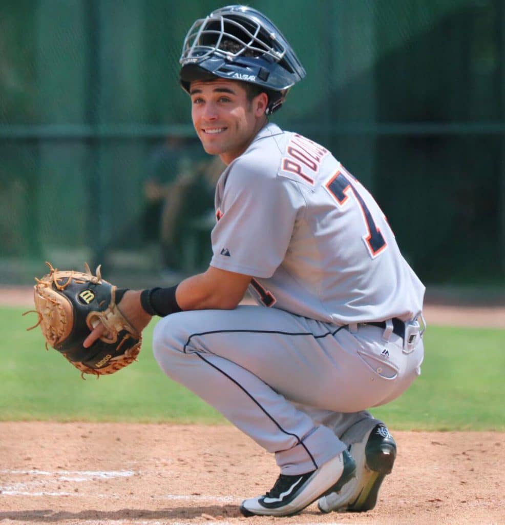 Brady Policelli working out at catcher at Detroit Tigers spring training