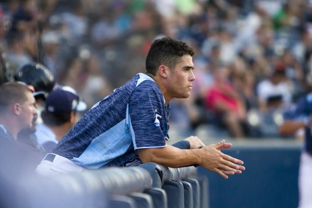 Brady Policelli leans over the dugout railing during a West Michigan Whitecaps game during the 2018 season