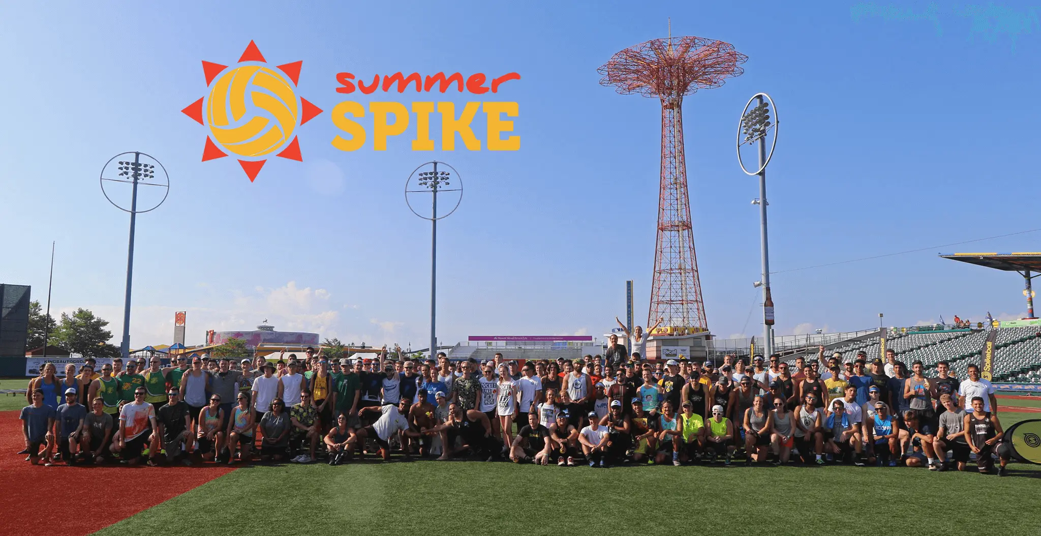 The teams pose for a picture at national Spikeball tournament SummerSpike 2019 at MCU Park, a minor league stadium for the New York Mets affiliate