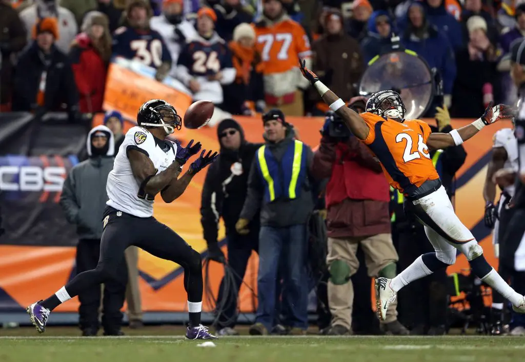 Jacoby Jones catches a pass over safety Rahim Moore for the Mile High Miracle in 2012