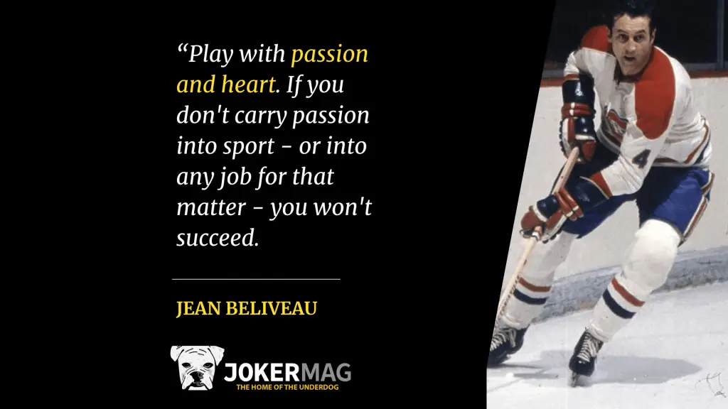 Jean Believeau skates on the ice for the Montreal Canadiens, pictured next to an inspirational quote of his