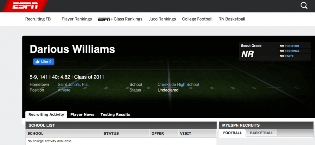 Darious Williams' ESPN recruiting page showing zero stars