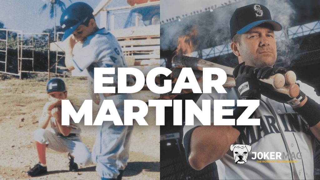 Edgar Martinez as a kid side by side with him as a Mariners player and Baseball Hall of Famer