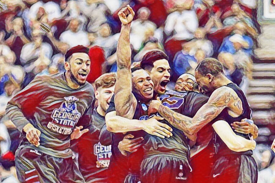 #14 seed Georgia State celebrates their victory over #3 Baylor after R.J. Hunter's clutch three-pointer in the 2015 Division 1 NCAA Men's Basketball Tournament