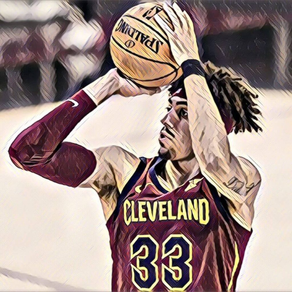 An illustration of Brodric Thomas taking a shot with the Cleveland Cavaliers