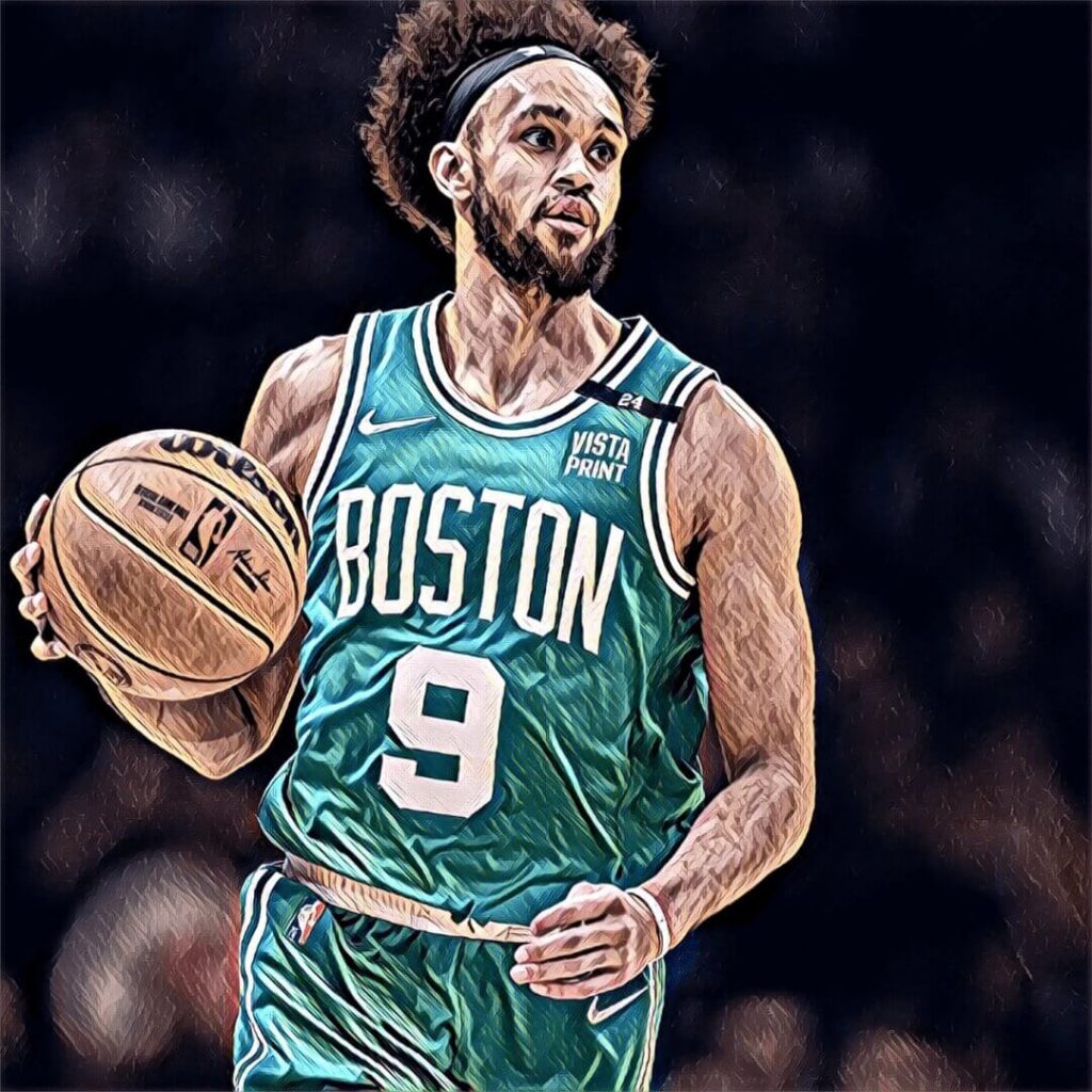 An illustration of D2 basketball alum Derrick White with the Boston Celtics