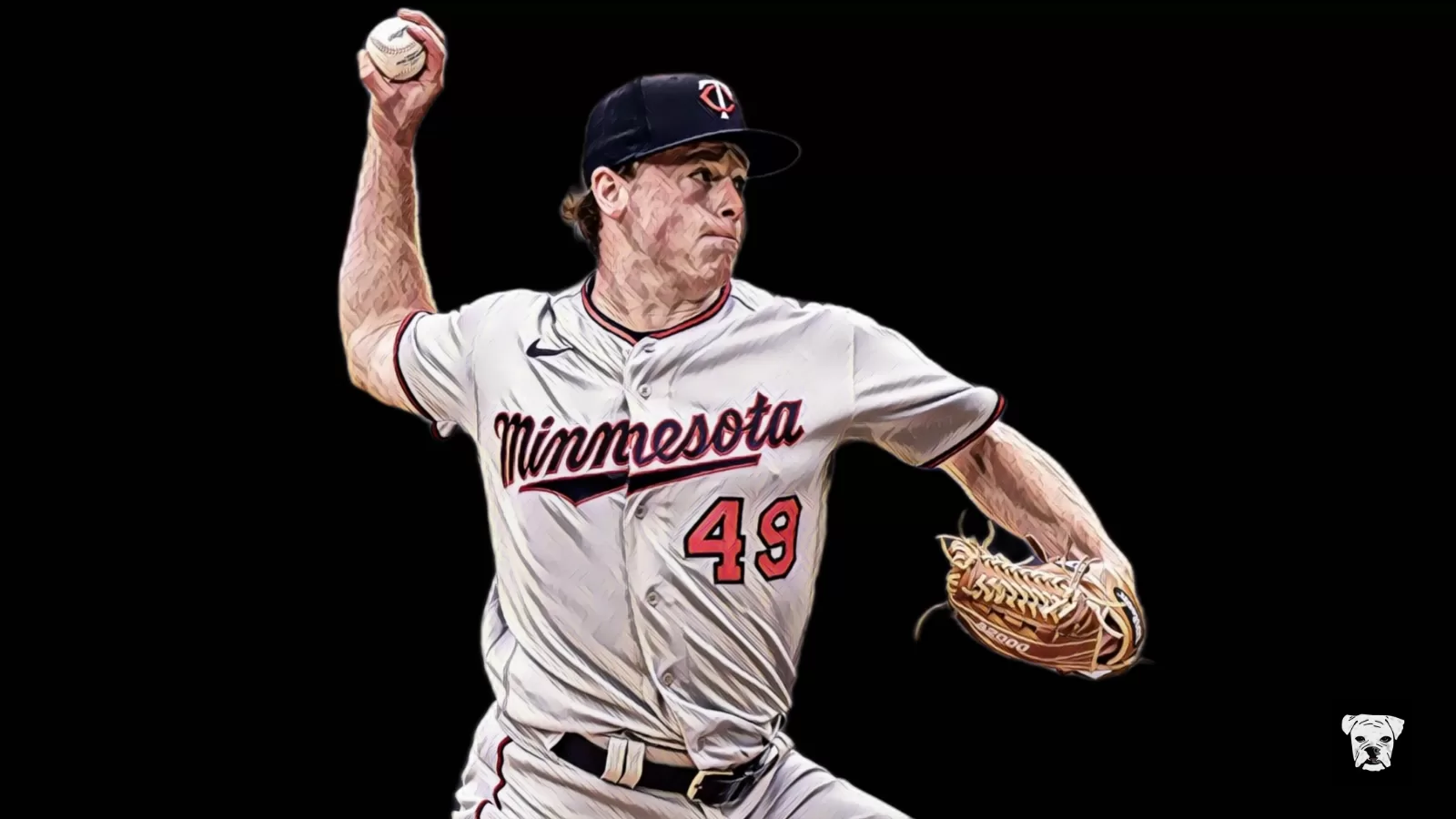 An illustration of MLB pitcher Louie Varland about to fire a pitch for the Minnesota Twins