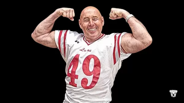 An illustration of 59-year-old college football player Mike Flynt flexing his muscles