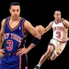 An illustration of John Starks dribbling and playing for the New York Knicks in the NBA