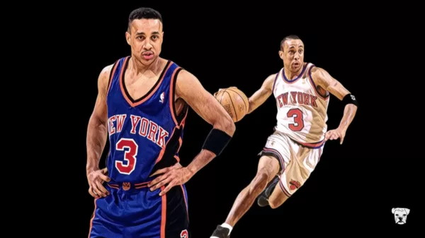 An illustration of John Starks dribbling and playing for the New York Knicks in the NBA