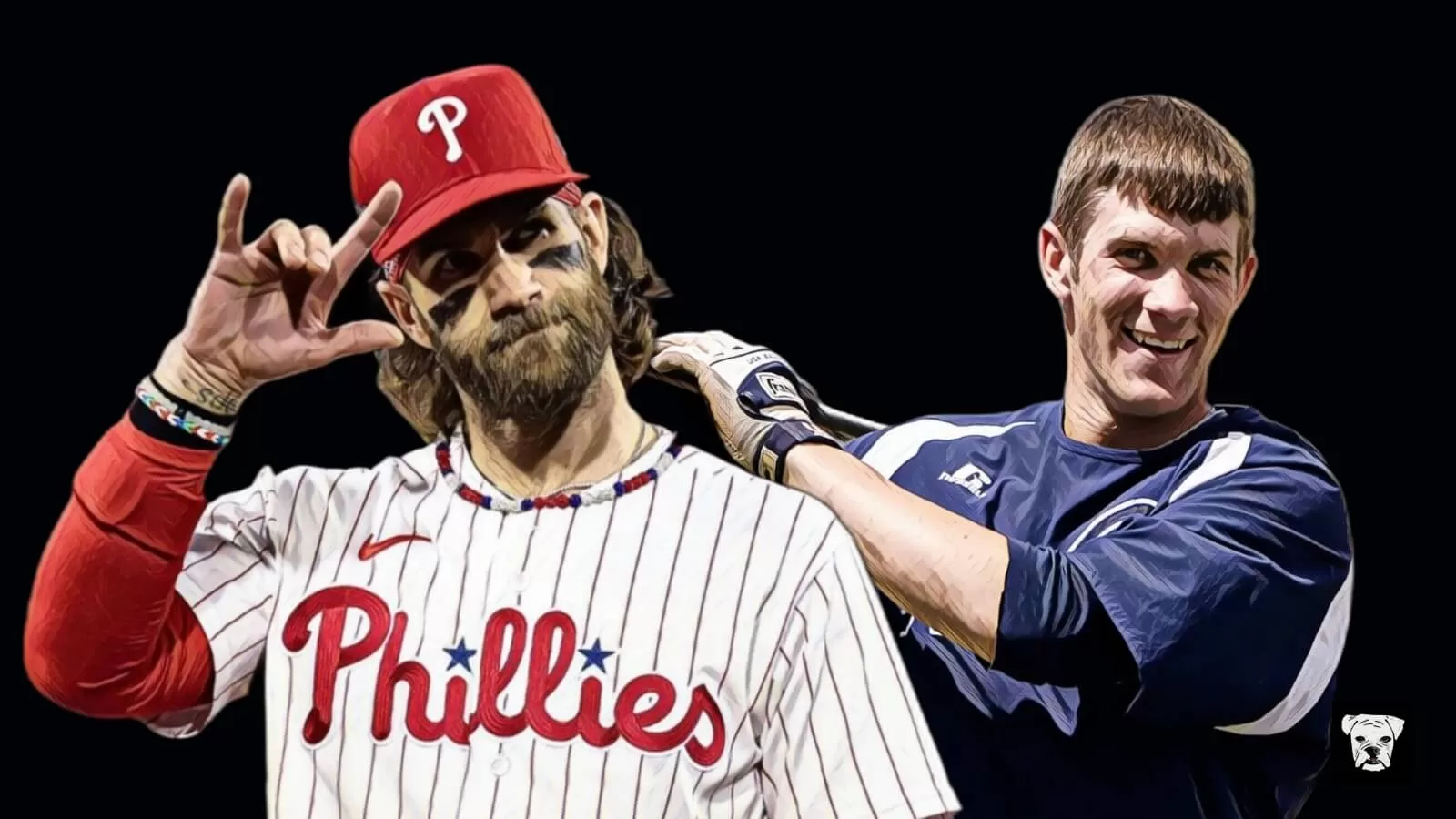 An illustration of Bryce Harper in a Philadelphia Phillies jersey next to an illustration of a young Bryce Harper during his junior college days