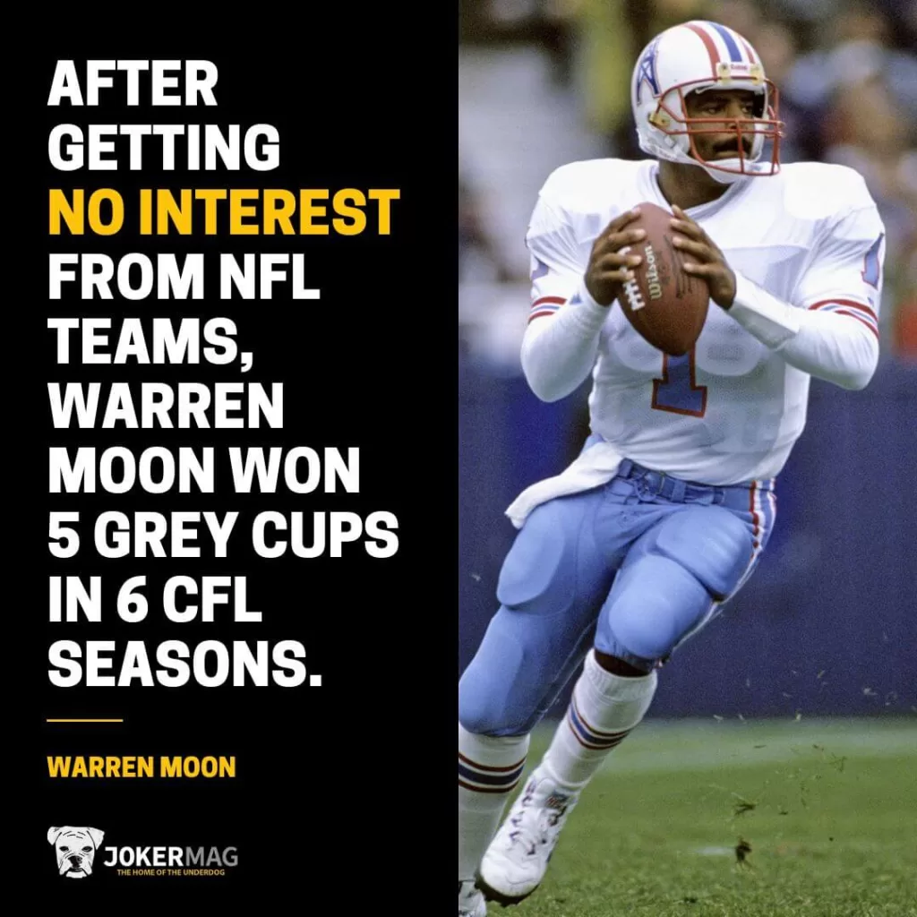 A picture of QB Warren Moon with the Houston Oilers next to text reading "After getting no interest from NFL teams, Warren Moon won 5 Grey Cups in 6 CFL seasons."