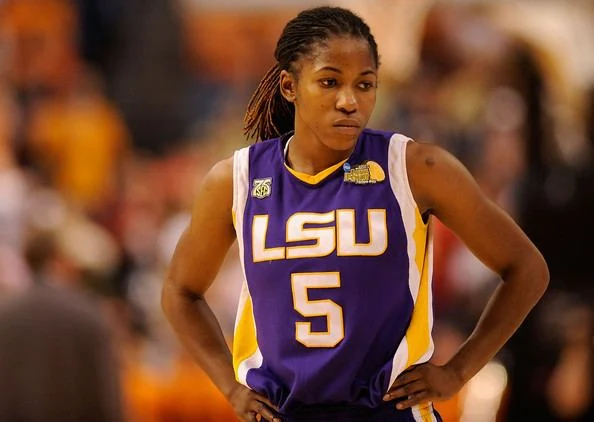 Erica White pictured in her purple LSU women's basketball uniform