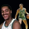 An illustration of Dennis Johnson's headshot and a shot of him in action with the Boston Celtics to headline his improbable NBA underdog story