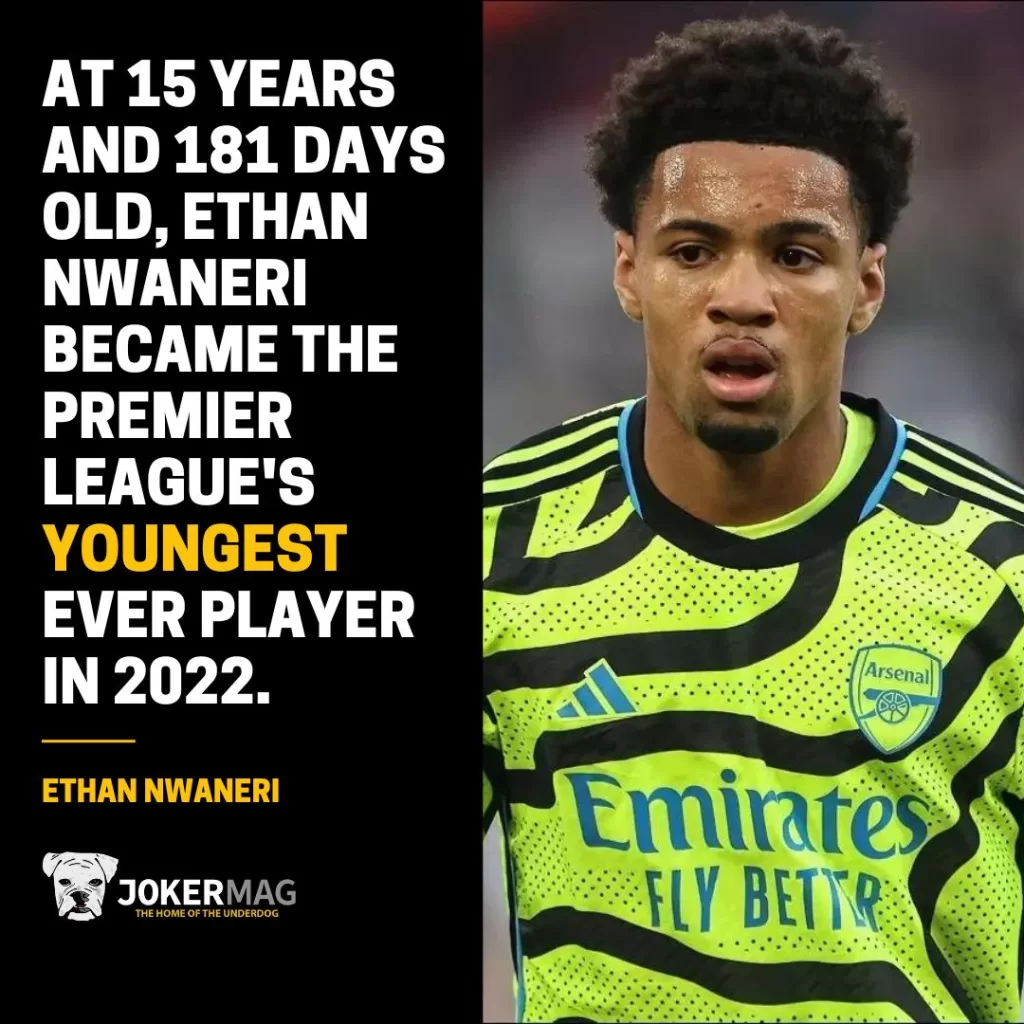 A photograph of Ethan Nwaneri next to text that reads: At 15 years and 181 days old, Ethan Nwaneri became the Premier League's youngest ever player in 2022.