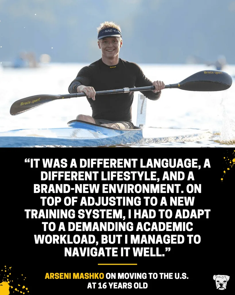 A quote from Arseni Mashko on moving to the U.S. at 16 years old: “It was a different language, a different lifestyle, and a brand-new environment. On top of adjusting to a new training system, I had to adapt to a demanding academic workload, but I managed to navigate it well.”